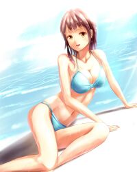  bikini blue_bikini brown_eyes brown_hair commentary_request female highres lying on_side original sakura_ani short_hair solo swimsuit 