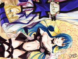  arc_system_works bare_shoulders blonde_hair blue_eyes blue_hair bow breasts choker cleavage couple detached_sleeves dizzy female guilty_gear guilty_gear_x guilty_gear_xx hairbow ky_kiske lying navel red_eyes underboob 