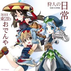  3girls aioi_yuuko alternate_costume armor armored_dress armpits arzuros_(armor) bad_id bad_pixiv_id bare_shoulders black_eyes black_hair blue_eyes blue_hair breastplate brown_eyes brown_hair cube_hair_ornament gauntlets glasses hair_ornament hat minakami_mai misooden monster_hunter_(series) monster_hunter_portable_3rd multiple_girls naganohara_mio nichijou parody rathian_(armor) yukumo_(armor) 