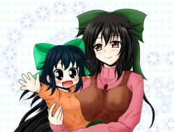  2girls aged_down azumax black_hair blue_hair blush bow carrying child_carry commentary_request contemporary green_bow hairbow happy jewelry kokuu_haruto lolicon long_hair mature_female mother_and_daughter motherly multiple_girls necklace oerba_yun_fang open_mouth orange_sweater original red_eyes reiuji_utsuho ribbon smile snowflakes sweater touhou very_long_hair waving 