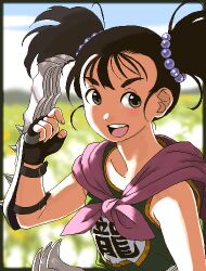  black_hair brown_eyes commentary_request dragon_quest dragon_quest_iii female fighter_(dq3) fingerless_gloves gloves lowres solo twinpoo twintails weapon 