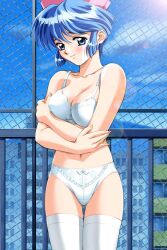  blue_eyes blue_hair blush bow bow_panties bra breasts day elf_all-stars_datsuijan elf_all-stars_datsuijan_2 female game_cg large_breasts light_smile lingerie mamiya_chisato navel nonomura_byouin_no_hitobito outdoors panties short_hair solo thigh_gap thighhighs underwear underwear_only white_bra white_panties white_thighhighs yokota_mamoru 