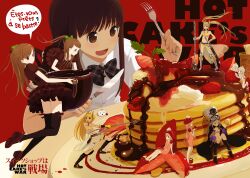  6+girls armor ass black_legwear bow brown_hair chocolate coffee commentary_request drooling eating food fork fruit hairbow hat highres in_food knife kokudou_juunigou mini_person minigirl multiple_girls original pancake plate ponytail raspberry skindentation strawberry sword syrup thighhighs twintails weapon whipped_cream 