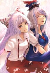  2girls bad_id bad_pixiv_id blue_hair bow breasts closed_eyes dress dress_shirt eyelashes fujiwara_no_mokou furby hairbow hat kamishirasawa_keine lips long_hair medium_breasts multiple_girls pants red_eyes ribbon shirt smile suspenders tokin_hat touhou very_long_hair when_you_see_it white_hair yukinojou_yakan 