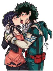  1boy 1girls blushing_at_each_other boku_no_hero_academia clothed clothing eye_contact female french_kiss french_kissing hand_on_wrist hero_outfit_(mha) holding_partner izuku_midoriya kissing kyoka_jiro male mr_pheromone my_hero_academia passionate tongue_kiss tongue_touching_another&#039;s_tongue tongues_touching 