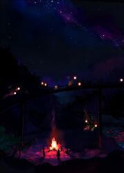  bad_id bad_pixiv_id bamboo bridge campfire dark fire kawwa lantern milky_way night night_sky original outstretched_arm scenery silhouette sitting sky smoke star_(sky) starry_sky tree 