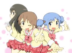  3girls aioi_yuuko black_hair blue_eyes blue_hair book bow brown_eyes brown_hair commentary_request cube_hair_ornament glasses hair_ornament hyadain_no_kakakata_kataomoi_-_c minakami_mai multiple_girls naganohara_mio nichijou one_eye_closed plaid plaid_skirt school_uniform shirai_sanjirou short_twintails skirt tokisadame_school_uniform twintails 