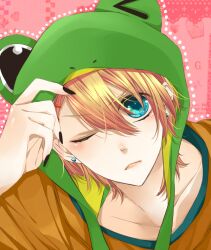  1boy animal_hat bad_id bad_pixiv_id blonde_hair blue_eyes frog_hat hat kurusu_shou male_focus one_eye_closed ramu_(xxxramxxx) solo uta_no_prince-sama 