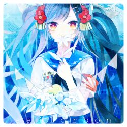  apple bad_id bad_pixiv_id blue_hair bouquet female flower food fruit hair_flower hair_ornament hairpin holding holding_flower hou_(ppo) long_hair medal original photoshop_(medium) red_eyes sailor sailorbon smelling_flower solo twintails 