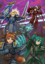  4girls :d adeptus_astartes alternate_costume animal_ears armor artoria_pendragon_(fate) banner battle_standard black_hair blonde_hair blood_angels bolter bow brown_eyes brown_hair claws commentary crossover dark_angels fangs fate/stay_night fate_(series) green_eyes green_hair gun hakurei_reimu hammer hatsune_miku headset heresy holding holding_gun holding_sword holding_weapon holo kensaint lightning_claw multiple_crossover multiple_girls open_mouth ponytail power_armor power_sword red_eyes saber_(fate) smile space_wolves spice_and_wolf standard_bearer sword tail thunder_hammer touhou twintails ultramarines vocaloid war_banner warhammer_40k weapon wolf_ears wolf_girl wolf_tail yin_yang 