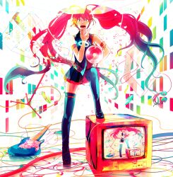  alternate_hair_color bad_id bad_pixiv_id blue_eyes female gradient_hair guitar hatsune_miku headphones instrument long_hair megaphone multicolored_hair music recursion red_hair ro53 singing skirt solo television thighhighs twintails very_long_hair vocaloid zettai_ryouiki 