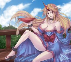  alcohol bare_legs bare_shoulders blonde_hair blue_kimono breasts chains choker cleavage cloud commentary_request cuffs cup day dtcy female horns hoshiguma_yuugi hoshiguma_yuugi_(kimono) japanese_clothes kimono large_breasts long_hair looking_at_viewer mountain obi off_shoulder okobo photoshop_(medium) railing red_eyes sakazuki sake sandals sash single_horn sitting solo touhou yukata 