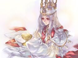  chalice crown cup dress fate/hollow_ataraxia fate/stay_night fate_(series) female holy_grail_(fate) illyasviel_von_einzbern illyasviel_von_einzbern_(dress_of_heaven) long_hair red_eyes sleeves_past_wrists solo stole tenkuu_sphere white_dress white_hair wide_sleeves 