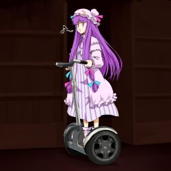  bad_id bad_pixiv_id bookshelf bow crescent dress female hairbow hat hop-step-jump long_hair musical_note o3o patchouli_knowledge purple_eyes purple_hair riding segway solo striped touhou vertical_stripes whistling 