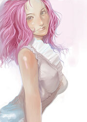  blue_eyes breasts female kichin_yarou lips neviril_(simoun) pink_hair simoun solo 