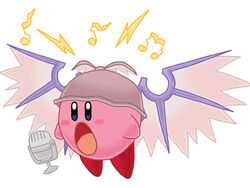  bad_singing beamed_eighth_notes blush_stickers copy_ability cosplay eighth_note kirby kirby_(series) lightning_bolt_symbol microphone music musical_note mystia_lorelei mystia_lorelei_(cosplay) no_humans parody simple_background singing solo touhou white_background 