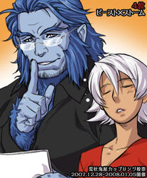  1boy :o animification beard beast_(x-men) blue_theme closed_eyes collarbone collared_shirt dark_skin facial_hair female finger_to_mouth glasses index_finger_raised long_sleeves looking_at_viewer lowres marvel parted_lips ryuuki_garyuu shirt shushing storm_(x-men) very_dark_skin white_hair x-men 