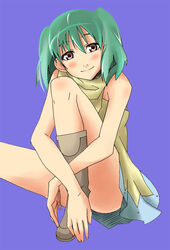  apr blush boots commentary_request female green_hair macross macross_frontier ranka_lee red_eyes smile solo 