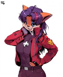  2020 alexis_(sleeps-darkly) anthro awr_hey bandicoot blue_eyes breasts clothed clothing cosplay digital_drawing_(artwork) digital_media_(artwork) female hair hi_res jacket mammal marsupial misato_katsuragi multicolored_hair neon_genesis_evangelion open_mouth red_clothing red_jacket red_topwear simple_background smile solo topwear two_tone_hair 