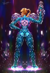  arm_cannon armor blonde_hair blue_bodysuit blue_eyes bodysuit crystal danderfull diamond_(gemstone) female finger_gun from_behind hand_on_own_hip highres looking_back metroid ponytail power_armor samus_aran see-through skin_tight solo transparent varia_suit weapon zero_suit 