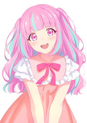  absurdres aikatsu!_(series) aikatsu_planet! ann_(aikatsu_planet!) bad_id bad_twitter_id blue_hair blunt_bangs blush dress female frilled_sleeves frills highres kurimu_ann multicolored_hair neck_ribbon open_mouth pink_dress pink_eyes pink_hair pink_ribbon ribbon round_teeth sekina simple_background smile solo teeth two-tone_hair two_side_up upper_body white_background 