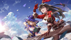  2girls :d ;d absurdres amber_(genshin_impact) arm_support arm_up belt bird black_gloves black_hair black_shorts blue_sky blush book breasts capelet chinese_commentary cleavage cloud commentary_request corset day elbow_gloves fence floating_hair flower genshin_impact gloves goggles goggles_on_head green_eyes hair_flower hair_ornament hair_ribbon hat hat_flower hat_ornament highres holding holding_book large_breasts lens_flare lisa_(genshin_impact) long_hair low_ponytail multiple_girls one_eye_closed open_book open_mouth outdoors parted_lips purple_flower purple_headwear purple_rose red_gloves red_ribbon ribbon rose shading_eyes short_shorts short_sleeves shorts shrug_(clothing) sky smile sunlight teeth upper_teeth_only very_long_hair white_capelet wind witch_hat yellow_eyes yellow_flower yellow_rose zomzomzomsauce 