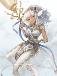  absurdres animal_ears ash_(fire_emblem) black_horns brown_eyes choker cow_ears cow_girl cow_horns dark-skinned_female dark_skin feh_xeri female fire_emblem fire_emblem_heroes gold_trim highres holding holding_staff horns pants pelvic_curtain piercing smile solo staff tight_clothes tight_pants white_hair 