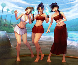  3girls abs absurdres avatar:_the_last_airbender avatar_legends azula bags_under_eyes bandeau bare_legs bare_shoulders barefoot beach bikini bikini_skirt bikini_top_only black_hair blue_fire braid braided_ponytail breasts brown_hair bullying choker cirenk cleavage collarbone commentary commission double_bun element_bending english_commentary evil_smile fire flaming_hand flat_chest full_body grabbing_another&#039;s_hair hair_bun halterneck highres large_breasts long_braid long_skirt looking_at_viewer mai_(avatar) medium_breasts messy_hair miniskirt mountain multiple_girls navel open_mouth palm_tree pyrokinesis red_bandeau red_bikini red_choker red_skirt sand shiny_skin single_braid single_hair_bun skirt small_breasts smile standing stomach strapless swimsuit toes toned tree tube_top twintails ty_lee water white_bikini white_skirt yellow_eyes 