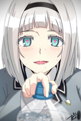  :d absurdres anna_nishikinomiya aqua_eyes big_eyes blue_eyes blunt_bangs blurry blush bottle close-up colored_eyelashes commentary_request contact_lens dated depth_of_field eyebrows female grey_hair hairband heart heart-shaped_pupils highres looking_at_viewer md5_mismatch open_mouth pink_eyes saliva saliva_trail school_uniform shimoneta_to_iu_gainen_ga_sonzai_shinai_taikutsu_na_sekai signature smile solo sweat sweatdrop symbol-shaped_pupils water water_bottle white_hair z2zyyy 