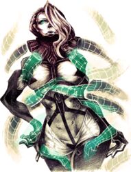  breasts commentary_request cowboy_shot cyborg disembodied_hand extra_arms female glowing glowing_eye green_eyes hair_over_one_eye hand_on_own_hip highres large_breasts lips long_hair metal_gear_(series) metal_gear_rising:_revengeance mistral_(metal_gear_rising) nose riftka solo wide_hips 