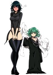  2girls aqua_eyes aqua_hair arm_at_side bare_shoulders black_dress black_footwear black_hair black_legwear black_panties blush boots breasts coat commentary cosplay costume_switch covering_crotch covering_privates curly_hair dress dress_tug flat_chest flying_sweatdrops frown fubuki_(one-punch_man) fubuki_(one-punch_man)_(cosplay) full-face_blush full_body fur_coat green_eyes height_difference highres jacket jacket_on_shoulders jewelry lace lace-trimmed_panties lace_trim large_breasts looking_at_viewer loose_clothes multiple_girls necklace off_shoulder one-punch_man oversized_clothes panties rakeng short_hair siblings sisters sleeves_past_elbows sleeves_past_wrists standing tatsumaki tatsumaki_(cosplay) thigh_boots thighhighs transparent_background undersized_clothes underwear v_arms 