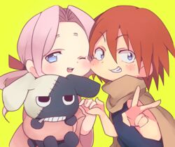  1boy bad_id bad_pixiv_id blue_eyes cheek-to-cheek darry_adai female freckles gimmy_adai grin heads_together holding_hands one_eye_closed orange_hair pink_hair smile stuffed_animal stuffed_toy tengen_toppa_gurren_lagann usame v 