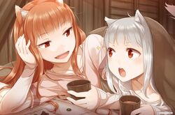  2girls animal_ears ayakura_juu bed bed_sheet book brown_eyes brown_hair cup head_rest highres holding holo long_hair lying mother_and_daughter multiple_girls myuri_(spice_and_wolf) official_art on_side on_stomach open_mouth pink_shirt shinsetsu_spice_and_wolf shirt smile sparkle spice_and_wolf tail white_hair white_shirt wolf_ears wolf_girl wolf_tail 