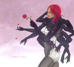  bad_id bad_pixiv_id blue_eyes bodysuit breasts cyborg dark-skinned_female dark_skin extra_arms female flare_(shin-s) flower french_text long_hair medium_breasts metal_gear_(series) metal_gear_rising:_revengeance mistral_(metal_gear_rising) nose petals red_hair rose solo translated 