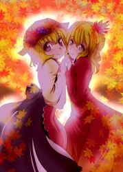  2girls aki_minoriko aki_shizuha blonde_hair brown_eyes commentary_request dress food fruit grapes hair_ornament hat ishikkoro leaf leaf_background leaf_hair_ornament leaf_on_head multiple_girls short_hair siblings sisters smile touhou yellow_eyes 