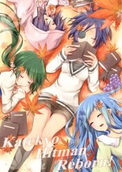  4girls apple bad_id bad_pixiv_id bluebell blush book chrome_dokuro closed_eyes earrings eyepatch facial_mark food fruit green_hair hair_ornament highres holding holding_book jewelry katekyo_hitman_reborn! leaf long_hair long_sleeves mammon_(reborn) multiple_girls open_book open_mouth ponytail purple_hair sakuragi_ren shorts sleeping smile tattoo text_focus uni_(reborn) 