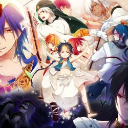  6+boys aladdin_(magi) ali_baba_saluja barefoot black_hair blue_hair braid chiyu_(silverxxxx) closed_eyes commentary_request dark-skinned_male dark_skin earrings feet freckles green_eyes ja&#039;far_(magi) jewelry judal keffiyeh long_hair magi_the_labyrinth_of_magic masrur midriff morgiana multiple_boys navel purple_hair red_eyes red_hair ren_hakuryuu sharrkan short_hair sinbad_(magi) single_braid sword weapon white_hair yellow_eyes 