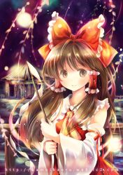  ascot bad_id bad_pixiv_id bow brown_eyes brown_hair cabin detached_sleeves dress female fence gohei hair_tubes hairbow hakurei_reimu kamui_(kamuikaoru) lights long_hair photoshop_(medium) red_bow red_dress smile solo touhou 