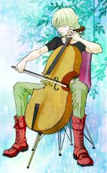  1boy barnaby_brooks_jr. blonde_hair boots buffy cello commentary_request glasses green_eyes instrument male_focus shirt solo t-shirt tiger_&amp;_bunny 