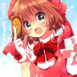  brown_hair card cardcaptor_sakura clow_card commentary_request dress female glove_bow gloves green_eyes hat holding holding_card kinomoto_sakura kinomoto_sakura_(magic_dream_costume) open_mouth pink_hat short_hair solo urara_(sumairuclover) white_gloves 