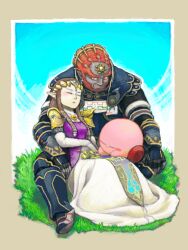  1boy armor bad_id bad_pixiv_id breasts brown_hair dress earrings female ganondorf gerudo jewelry kirby kirby_(series) long_dress long_hair pointy_ears princess_zelda red_hair sleeping super_smash_bros. the_legend_of_zelda the_legend_of_zelda:_twilight_princess tori-kei 