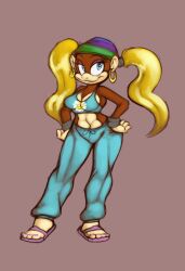  abs aged_up anthro ape blonde_hair blue_eyes breasts clothed clothing conditional_dnp digital_media_(artwork) donkey_kong_(series) ear_piercing ebonychimera female footwear hair haplorhine hat headgear headwear hi_res looking_at_viewer mammal nintendo piercing primate sandals smile solo standing tiny_kong twintails 