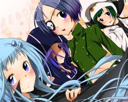  4girls bad_id bad_pixiv_id blue_eyes blue_hair bluebell chrome_dokuro eyepatch facial_mark green_hair happy hat hood hoodie katekyo_hitman_reborn! long_hair long_sleeves mammon_(reborn) multiple_girls open_mouth purple_eyes purple_hair sakuragi_ren short_hair smile uni_(reborn) 