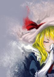  blonde_hair closed_eyes commentary_request elbow_gloves female gloves hat hat_ribbon kana_anaberal ribbon short_hair solo touhou touhou_(pc-98) yange 