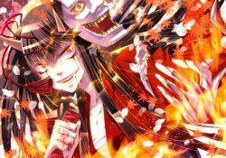  blood commentary_request fangs female fire hannya highres hinomoto_oniko horns long_hair mask oni oni_horns original petals sakamoto_akira sarashi solo sword tassel torn_clothes weapon 