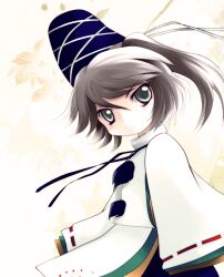  commentary_request female grey_eyes grey_hair hat highres japanese_clothes kariginu leaf leaf_background long_sleeves looking_at_viewer looking_to_the_side mononobe_no_futo one_side_up photoshop_(medium) ponytail sleeves_past_fingers sleeves_past_wrists smirk solo tate_eboshi touhou yume_shokunin 