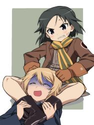  2girls anger_vein angry asphyxiation bad_id bad_pixiv_id bandaid bandaid_on_face between_legs black_hair blonde_hair brave_witches clenched_teeth closed_eyes gloves headlock kanno_naoe leg_lock multiple_girls open_mouth scarf scissorhold short_hair strangling striped_clothes striped_scarf teeth tonbi turn_pale veins waltrud_krupinski world_witches_series 