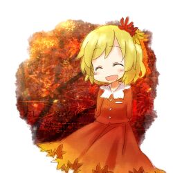  :d aki_shizuha autumn_leaves blonde_hair blush character_name chibi closed_eyes commentary_request female hair_ornament highres leaf leaf_background leaf_hair_ornament leaf_on_head long_skirt open_mouth orange_skirt shirt short_hair skirt skirt_set smile solo touhou translated transparent_background tree yamabuki_(yusuraume) 