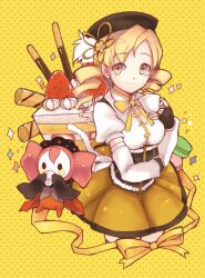  blonde_hair cake cake_slice charlotte_(madoka_magica) commentary_request cookie corset cup detached_sleeves drill_hair drinking female fingerless_gloves food fruit gloves hair_ornament hat himaya long_hair macaron mahou_shoujo_madoka_magica mahou_shoujo_madoka_magica_(anime) miniskirt photoshop_(medium) pleated_skirt pocky puffy_sleeves ribbon skirt strawberry strawberry_shortcake teacup thighhighs tomoe_mami tomoe_mami_(magical_girl) twin_drills twintails wafer_stick yellow_background yellow_eyes yellow_skirt 