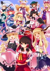  6+girls alice_margatroid animal_ears ascot au11 bad_id bad_pixiv_id black_hair blonde_hair blue_eyes blush bow braid brown_hair camera capelet cat_ears cat_tail chains chen dango detached_sleeves dress everyone food fox_ears fox_tail ghost grey_hair hair_ribbon hair_tubes hairband hairbow hakurei_reimu hand_fan hat hat_bow highres horns ibuki_suika japanese_clothes kirisame_marisa konpaku_youmu konpaku_youmu_(ghost) long_hair multiple_girls open_mouth pink_eyes pink_hair red_eyes ribbon saigyouji_yuyuko shameimaru_aya shanghai_doll short_hair skirt smile sword tail tokin_hat touhou triangular_headpiece wagashi weapon wings witch_hat yakumo_ran yakumo_yukari 